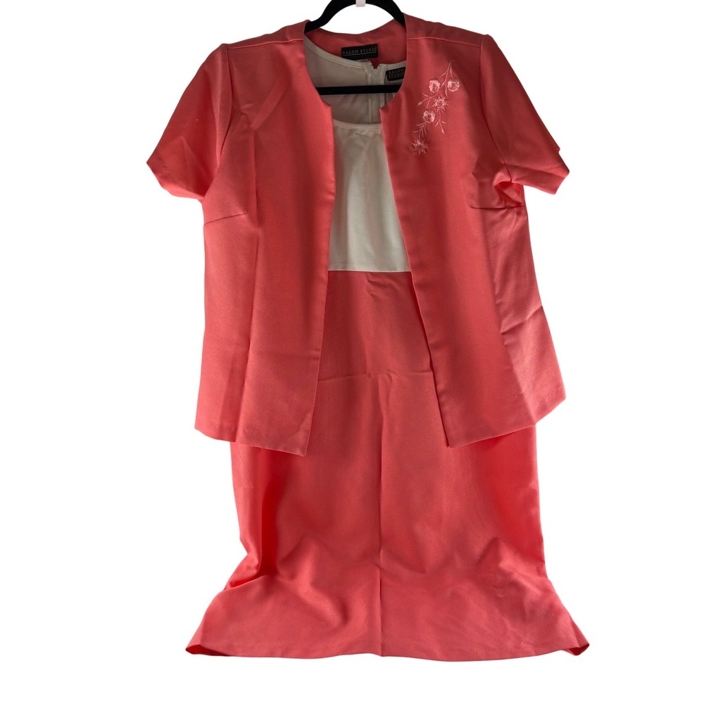 Salon Studio Womens Coral Pink White 2 Piece Dress & Jacket Set Size L Floral US